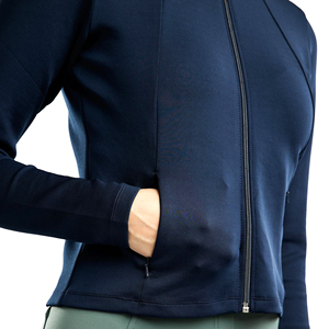 Veste d'équitation pour femme, à capuche, coupe ajustée, fermeture éclair, respirante, extensible, vêtements de sport d'extérieur, bleu marine - Product Image 3