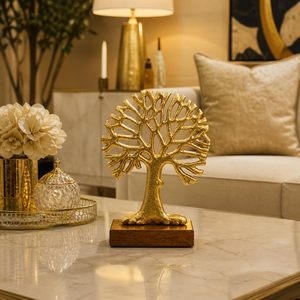 Escultura Decorativa de Mesa Árbol de la Vida en Metal Dorado con Base de Madera para Decoración del Hogar, Oficina o Sala de Estar - Product Image 5
