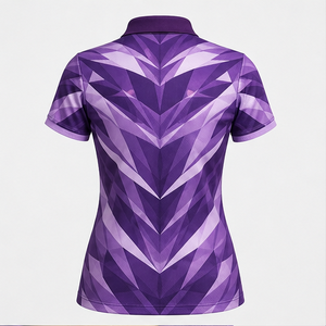 Individuelles Logo Damen Lila Geometrisches Muster Kurzarm-Poloshirt Schnelltrocknend Sublimations-Golf-Sportbekleidung - Product Image 4