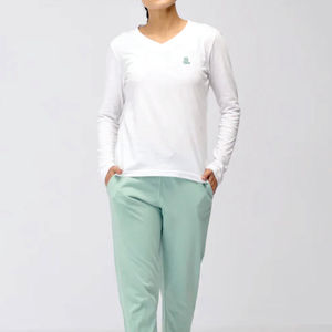 T-shirt décontracté pour femme en coton biologique 100 % écologique, respirant, à séchage rapide, non tissé, col en V uni, avec logo - Product Image 1