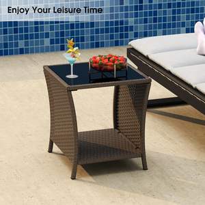 Table de patio extérieure compacte PPL avec plateau en verre trempé et étagère de rangement – Mobilier en osier durable pour balcon ou véranda - Product Image 5