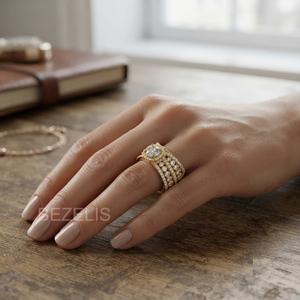 Bague en diamant de laboratoire avec accent de pierre précieuse bleue et pierres latérales, style duchesse d'inspiration royale, bijou élégant pour fiançailles - Product Image 2