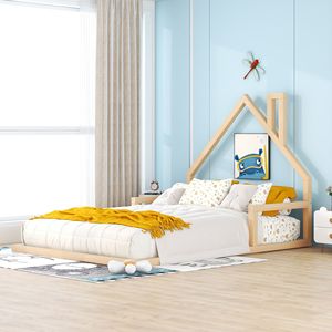 Letto in Legno Naturale a Grandezza Naturale per Bambini con Testiera a Forma di Casa - Product Image 2