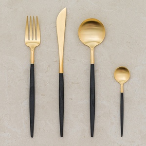 GOOD DESIGN Modern 18/10 Stainless Steel Portuguese Cutlery <b>Set</b> 4-Piece Black Gold Mirrored Polish Wedding <b>Flatware</b> <b>Set</b> - Product Image 1