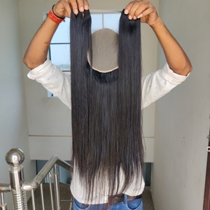 Extensions de cheveux humains naturels noirs indiens Remy lisses, double trame, double épaisseur, pointes pleines, texture douce et soyeuse - Product Image 5