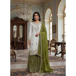 Presentamos la nueva colección de Salwar Kameez pakistaníes listos para usar, con bordados y lentejuelas, top, sharara y dupatta para ocasiones de boda. - Product Image 1