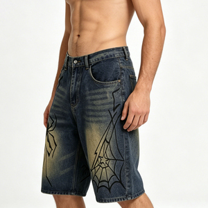 Shorts en jean pour hommes, coupe ample et large, style Y2K, streetwear urbain, délavage clair, broderie OEM, collection 2026, vente chaude - Product Image 4