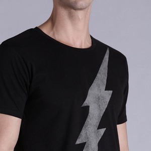 Men's Black Short Sleeve T-<b>Shirt</b> With Gray Lightning Bolt Print O-Neck Regular Fit Casual Jersey Cotton Breathable - Product Image 5