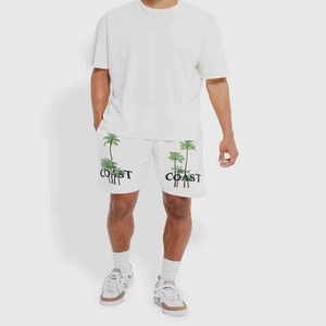 Men's White Cotton T-Shirt <b>Set</b> Crew Neck <b>Knitted</b> Casual Summer Wear With Palm Tree Print Coast Design - Product Image 1