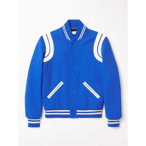 Chaqueta Varsity Azul para Hombre, Estilo Preppy, Mezcla de Lana y Poliéster, Cuello Camisero, Corte Regular, Color Sólido, Cierre de Botones, Ropa de Otoño - Product Image 1