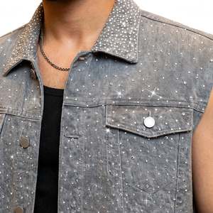 Wholesale Custom Men's Light <b>Grey</b> Vintage Woven Denim <b>Vest</b> Rhinestones Starry Ombre Sleeveless Studded Glitter Jean Streetwear - Product Image 4