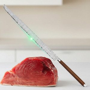 Cuchillo para Atún, Herramienta Premium para Filetear y Rebanar Pescado, Hoja de Acero de Damasco Forjado, Mango de Madera, Ecológico - Product Image 1