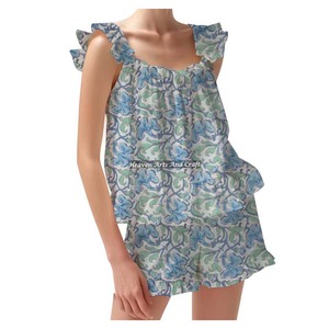 Vêtements de nuit en coton short et pyjama ensemble main bloc bande imprimé printemps/été Floral ajusté bretelles volants garniture manches PJ ensemble - Product Image 4