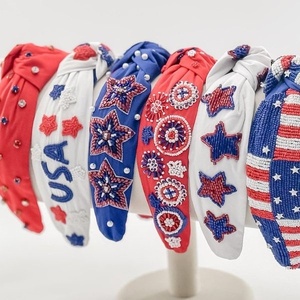 Durable Craftsmanship Handmade Beaded Knot <b>Headband</b> Unique Boutique Red Patriotic Rhinestone Star Hairband for Women and Girls - Product Image 3