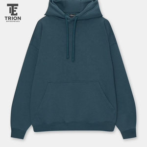 เสื้อฮู้ดดี้โอเวอร์ไซส์คุณภาพพรีเมียม สีน้ำเงินเดนิม สำหรับผู้ชาย มีกระเป๋าแบบมัฟฟ์ พร้อมเชือกผูกที่คอ และโลโก้แบบกำหนดเองได้ - Product Image 4