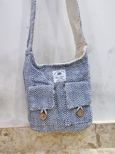 Bohemian Denim <b>Shoulder</b> <b>Bag</b> With Button Closure And Geometric Pattern Single <b>Strap</b> Cotton Lining All Seasons Use - Product Image 4