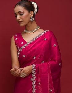 KV Women's Silk <b>Satin</b> Pink Embellished Modern Designer Saree with Unstitched <b>Blouse</b> for Party - Product Image 1