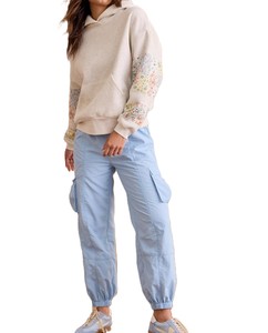 Unisex Hooded Sweatshirt Patchwork Floral Sleeve Oversized Casual Spring French Terry Knitted Pullover Light Beige with Pockets - Product Image 3