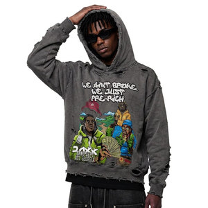 Sweat-shirt à capuche tendance pour homme, design hivernal chaud, gris déchiré, streetwear hip-hop imprimé, coton French Terry, automne - Product Image 5
