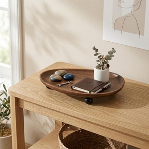 Oval Wooden Serving Tray With <b>Wheels</b> Minimalist Design Handmade Solid Wood Plate For Home Decor - Product Image 4