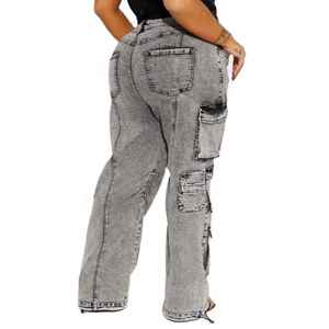 Pantalones Cargo de Mezclilla para Mujer, Estilo Moderno, Cintura Media, Multibolsillos, Corte Recto, Lavado a la Piedra, Ajuste Holgado, Alta Calidad, Estilo Vintage de Verano - Product Image 3