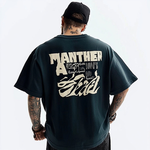 T-shirt noir surdimensionné pour homme Panther avec impression de lettres au dos, style streetwear, manches courtes, col rond, jersey de coton - Product Image 1