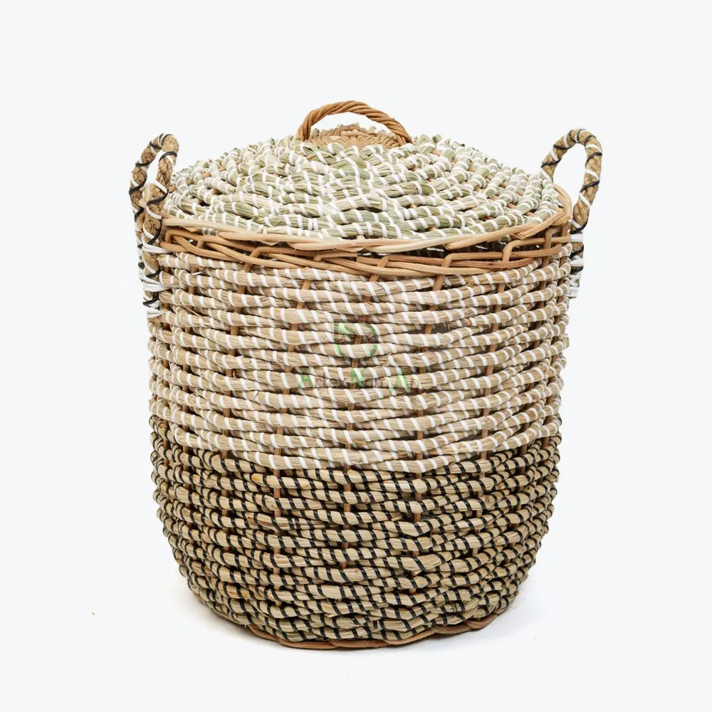 Whism — panier de rangement en jonc de mer, avec couvercle, grand panier à linge/en hamac