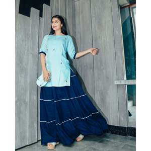 Robe-jupe pour femme en rayonne et mousseline, brodée à la main, taille naturelle, confortable, bleu aquatique, avec Potli, taille XS - Product Image 1