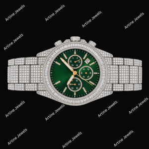 Reloj Cronógrafo con Esfera Verde y Diamantes, Reloj de Lujo con Incrustaciones de Diamantes, Reloj de Pulsera Completamente Incrustado, Accesorio de Joyería Premium - Product Image 2