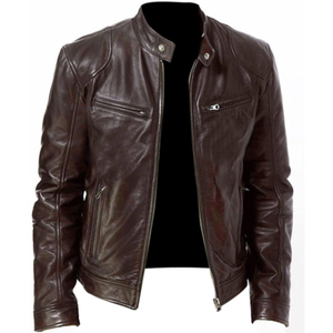 Blouson de moto en cuir PU pour homme, col montant, fermeture éclair, design rayé, coupe-vent, style moto, pour l'automne - Product Image 6