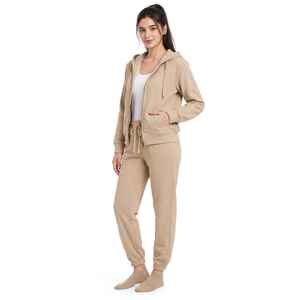 Conjunto Deportivo Casual para Mujer, Color Beige, Lavado Ácido, Sudadera con Capucha y Cierre, Pantalones Jogger, Manga Larga - Product Image 1