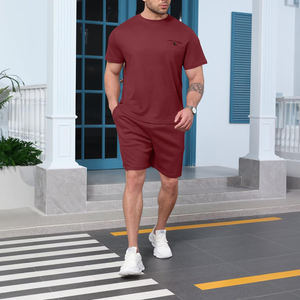 Ensemble de survêtement d'été pour homme à manches courtes, motif uni, deux pièces, short longueur genou, vêtements de sport, fitness, course à pied et gym - Product Image 6