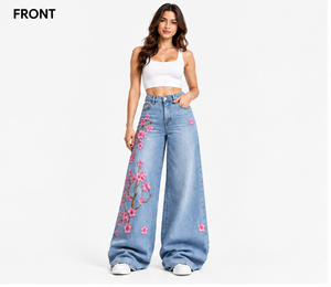 Women's High Waist Wide Leg Denim <b>Jeans</b> With Hand Embroidery <b>Floral</b> Print Casual Loose Fit Full Length Spring Style From India - Product Image 2