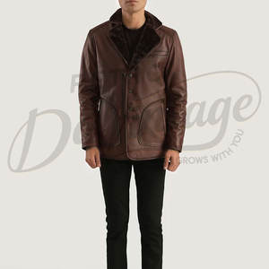 Manteau trench en cuir marron de qualité supérieure pour homme avec col en fausse fourrure foncée, veste chaude en peau de mouton pour l'hiver, coupe ajustée, vêtement d'extérieur - Product Image 3
