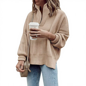 Suéter ajustado a la cintura para mujer, suéter de punto acanalado holgado e informal con cremallera y manga larga para otoño - Product Image 1