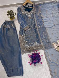 <b>Women</b> Traditional Gray Floor Length <b>Kurta</b> Set With Embroidery India Pakistan Wedding Ethnic Wear Regular Fit - Product Image 5