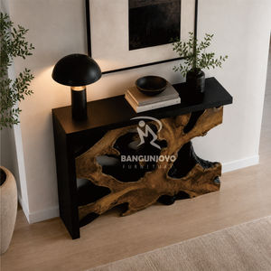 Table console moderne en teck massif, écologique, durable, fabriquée à la main, avec côtés en bois de butternut et centre en racine de teck - Product Image 4