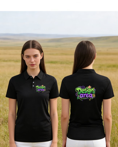 Women's Black Polo Shirt Custom Logo Print Short Sleeve Casual 100% Polyester Oxford Fabric Breathable Design Area Pattern - Product Image 1