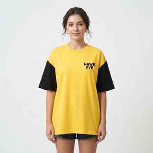 Camiseta Oversize para Mujer con Bloques de Color Amarillo y Negro, Manga Corta, Cuello Redondo, Ajuste Holgado, 100% Algodón Transpirable, Ideal para Primavera y Verano - Product Image 2