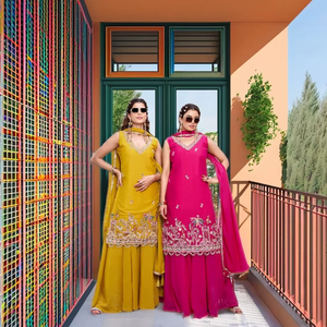 Ensemble Kurti Plazzo Dupatta en Georgette Pure avec Broderie de Perles et Sequins, Tenue Traditionnelle de Fête - Product Image 1