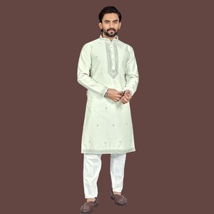 Kurta para Hombre hasta la Rodilla, Color Pistacho, Patrón de Rejilla, BSY Base, Secado Rápido, Sin Arrugas, Ropa Tradicional, Cuello Mandarín, para Boda - Product Image 1