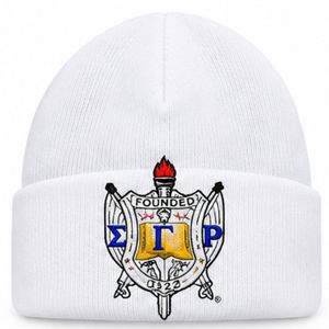 หมวกบีนนี่สีขาวปักลายโลโก้ Sigma Gamma Rho สำหรับผู้หญิง แบรนด์ Custom SGRho หมวกไหมพรมอุ่นๆ สำหรับฤดูหนาว หมวกสำหรับชมรมนักศึกษาชาวกรีก - Product Image 1