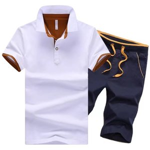 Men's Cotton <b>Polo</b> Shirt Set Solid Color Breathable Casual Summer Wear Gray <b>Orange</b> Trim Black Shorts - Product Image 4