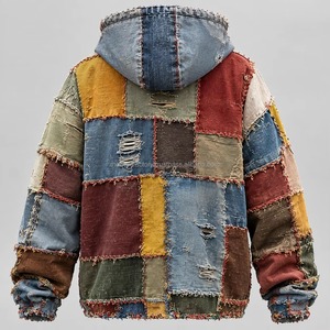 Chaqueta de Mezclilla con Capucha para Hombre, Multicolor, Estilo Vintage, Desgastada, con Cierre de Cremallera y Bordes Deshilachados - Product Image 4