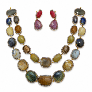 Parure de bijoux de créateur en argent 925 plaqué or avec pierres précieuses multicolores facettées, collier et boucles d'oreilles pour femme, idéale pour les mariages et les fêtes - Product Image 2
