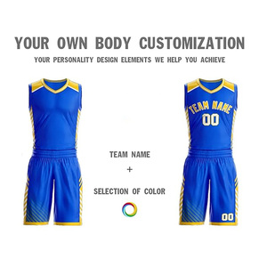 Uniformes de basket-ball personnalisés bleu et jaune, nom de l'équipe sublimé, maillot respirant en mesh, shorts unisexes, coupe athlétique pour adultes - Product Image 2
