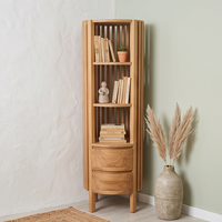 Estantería de exhibición de madera de teca maciza de primera calidad, de tres niveles, con listones verticales, librero minimalista, gabinete de almacenamiento con cajones, tamaño personalizado para sala de estar