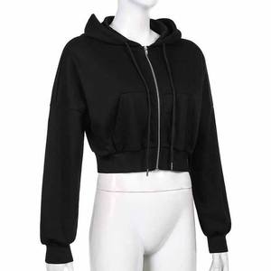 Sudadera Corta con Capucha Gris para Mujer, Estilo Holgado con Hombros Caídos, Cierre Frontal con Cremallera, Color Sólido, Ropa Casual de Otoño, 100% Algodón - Product Image 5