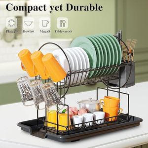 Escurridor de Platos de 2 Niveles, Organizador de Cocina de Metal Negro con Portavasos para Platos, Tazones y Utensilios - Product Image 5
