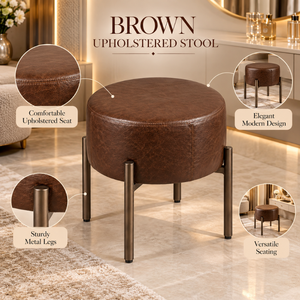 Brown Upholstered Round <b>Stool</b> Padded <b>Seat</b> Metal Legs Modern Accent Seating for Living Room Bedroom and Lounge Indoor | Versatile - Product Image 5